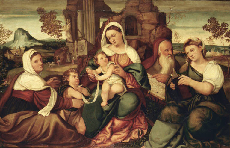 Madonna con Bambino, San Giovannino e santi (dipinto) di Pitati Bonifacio de' detto Bonifacio Veronese (bottega) (sec. XVI)