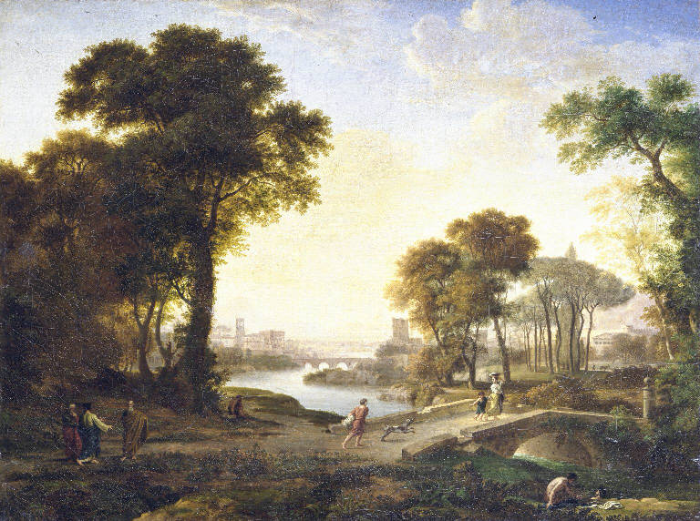 Campagna romana, Paesaggio fluviale con figure (dipinto) di Ronzoni Pietro (sec. XIX)