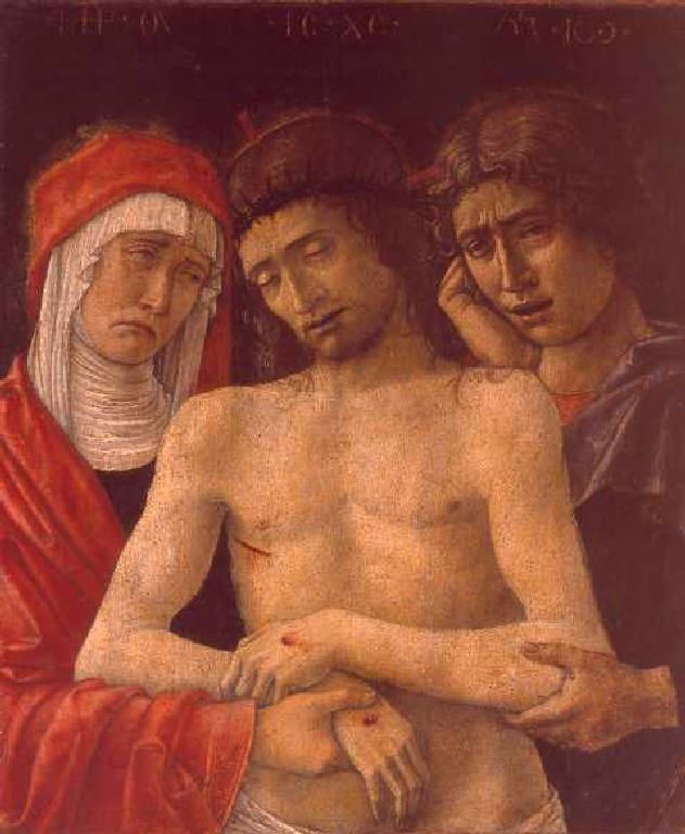 Cristo in pietà tra la Madonna e San Giovanni Evangelista (dipinto) di Bellini Giovanni detto Giambellino (sec. XV)