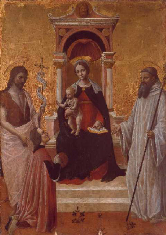 Madonna con Bambino in trono tra San Giovanni Battista, San Bernardo da Chiaravalle e donatore (dipinto) di Bevilacqua Giovanni Ambrogio detto Liberale (sec. XVI)