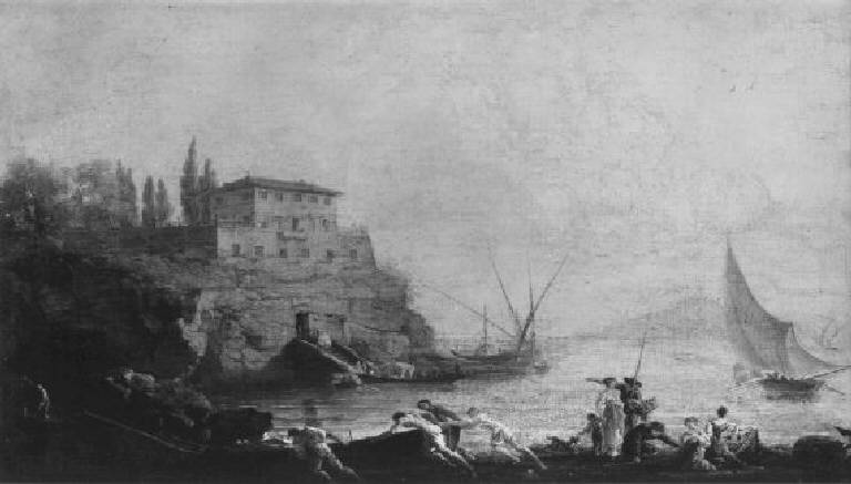 Calma di mare, Marina con pescatori e barche (dipinto) di Vernet Claude Joseph (sec. XVIII)