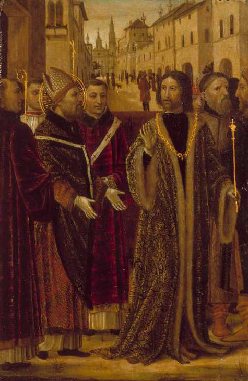 Sant'Ambrogio e l'imperatore Teodosio (scomparto di polittico, opera isolata) di Ambrogio da Fossano detto Bergognone (sec. XV)