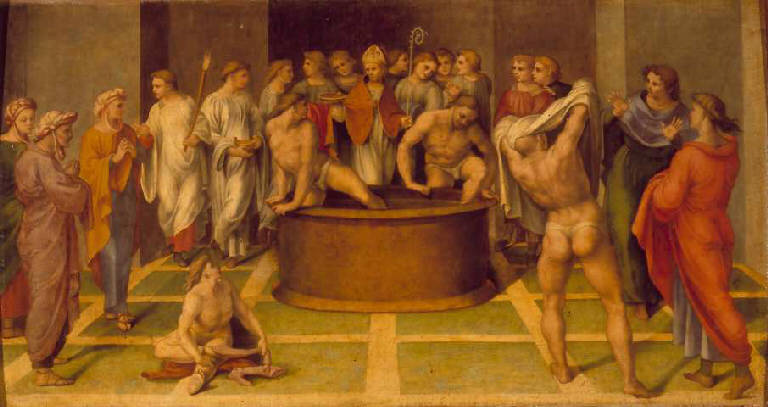 Sant'Agostino battezza i catecumeni (scomparto di polittico, opera isolata) di Genga Girolamo (sec. XVI)