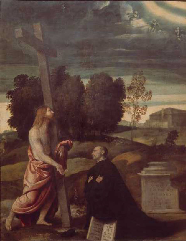 Cristo redentore con devoto (dipinto) di Bonvicino Alessandro detto Moretto (sec. XVI)