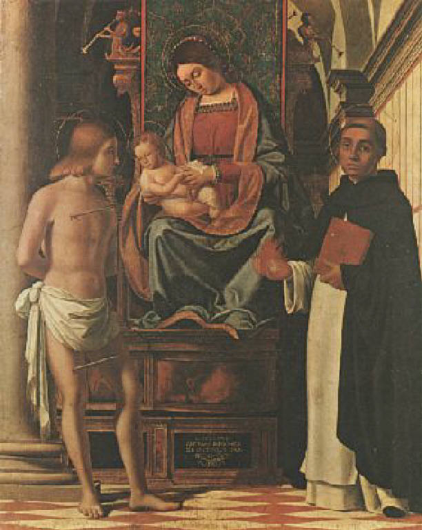 Madonna con Bambino in trono tra San Sebastiano e San Vincenzo Ferrer (dipinto) di Previtali Andrea (sec. XVI)