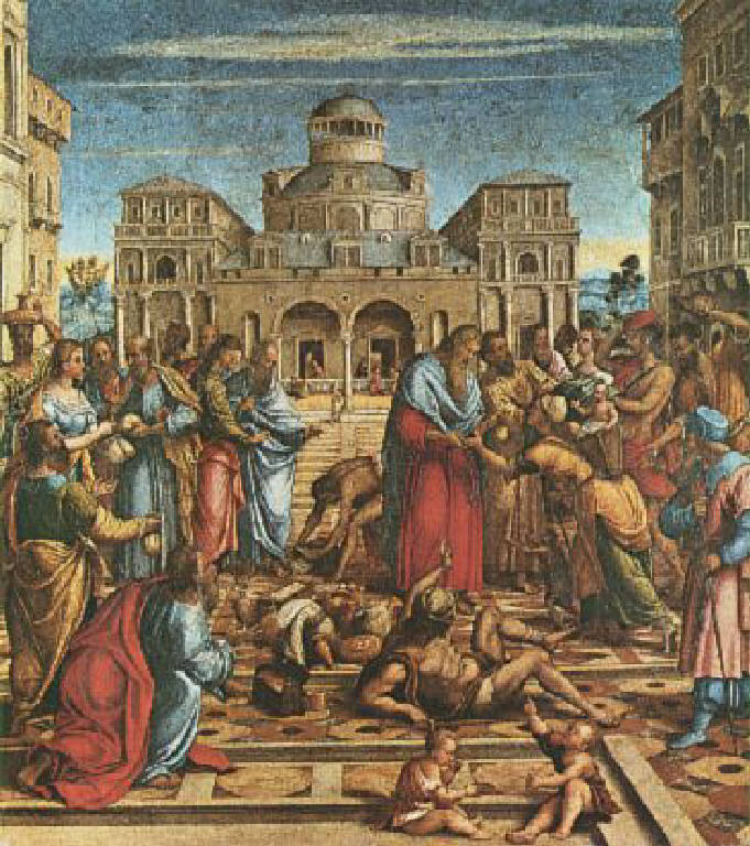 San Giovanni l'Elemosiniere nella piazza di Alessandria (dipinto) di Galizzi Francesco detto Francesco da Santacroce (attribuito) (sec. XVI)