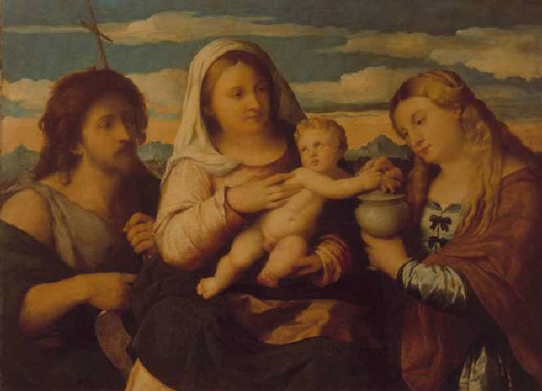 Madonna con Bambino tra San Giovanni Battista e Santa Maria Maddalena (dipinto) di Negretti Jacopo detto Palma il Vecchio (sec. XVI)