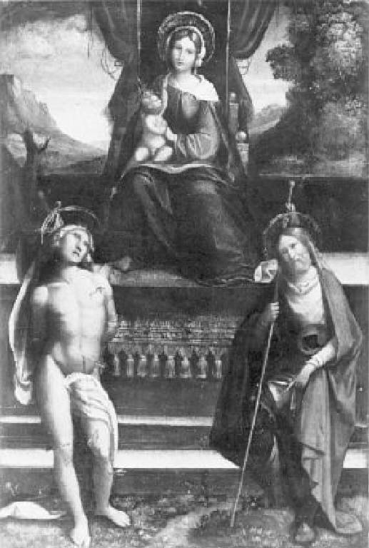 Madonna con Bambino tra San Sebastiano e San Rocco (dipinto) di Tisi Benvenuto detto Garofalo (sec. XVI)