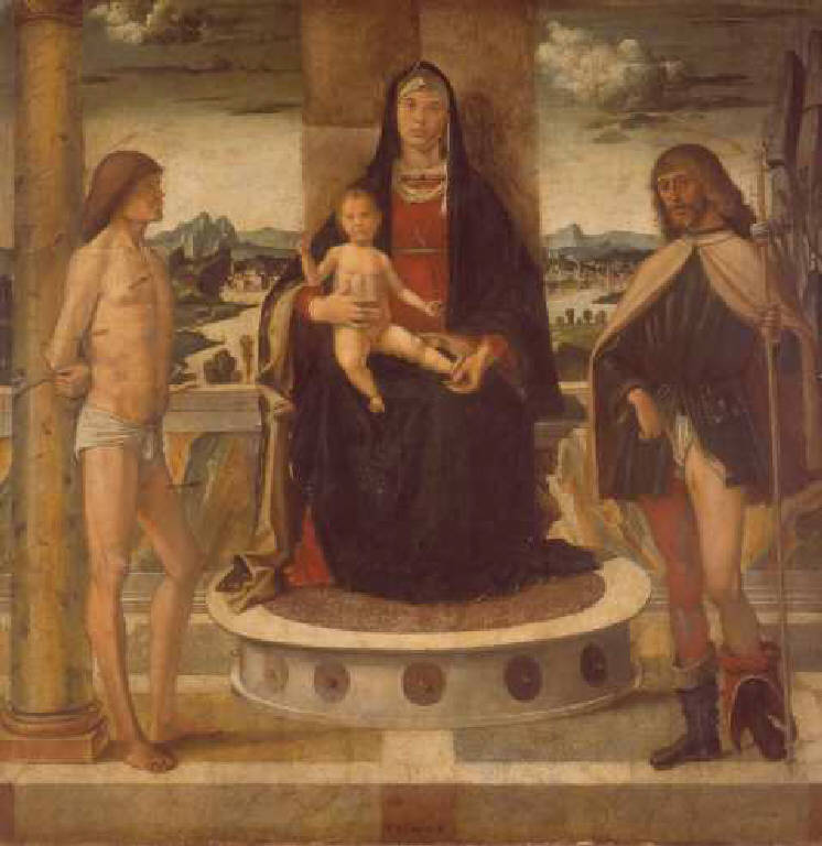 Madonna con Bambino in trono tra San Rocco e San Sebastiano (dipinto) di Montagna Bartolomeo (sec. XV)