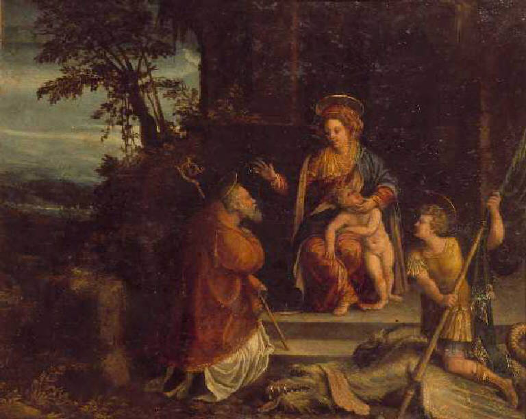 Madonna con Bambino tra Santi (dipinto) di Luteri Battista detto Dossi Battista (sec. XVI)