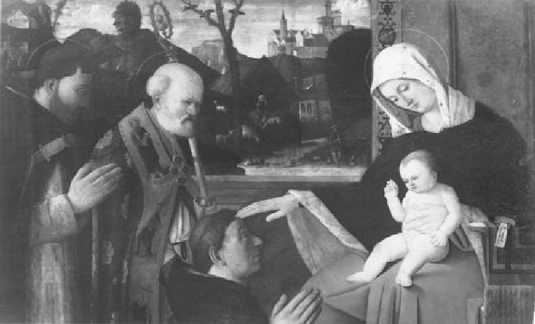 Madonna con Bambino, San Pietro Martire, San Nicola di Bari e donatore (dipinto) di Pensaben Marco fra' detto Maraveia (sec. XVI)