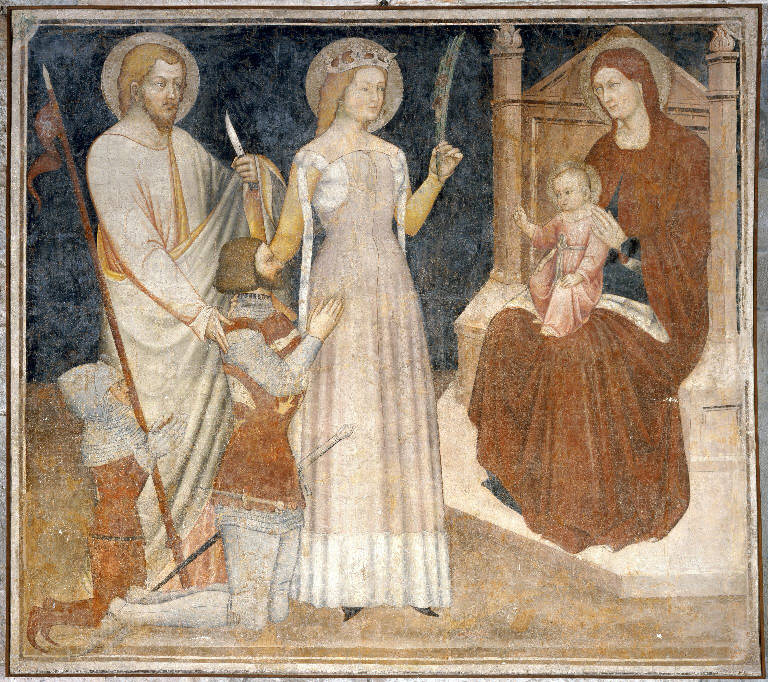Madonna con Bambino in trono con santi e devoti (dipinto) - ambito bergamasco (sec. XIV)