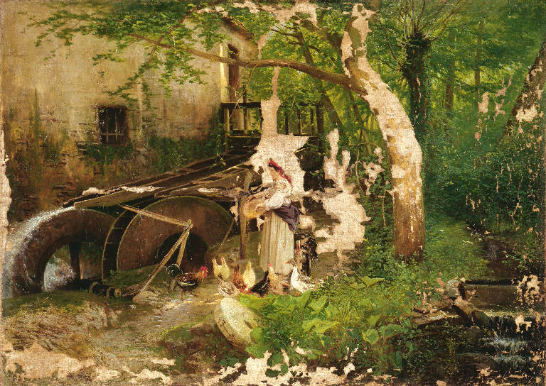 Contadina nutre i polli al mulino (dipinto) di Fasanotti Gaetano (sec. XIX)