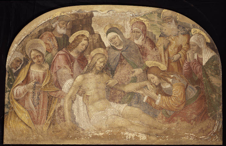 Compianto sul Cristo morto (lunetta dipinta) di Scotti Giovan Stefano (sec. XVI)