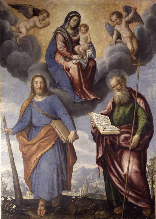 Madonna con Bambino in gloria con San Filippo Apostolo e San Giacomo Minore (dipinto) di Locatelli Rizzardo (sec. XVI)