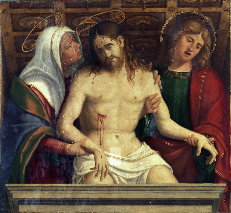 Cristo morto con la Madonna e San Giovanni Evangelista (dipinto, elemento d'insieme) di Previtali Andrea (sec. XVI)