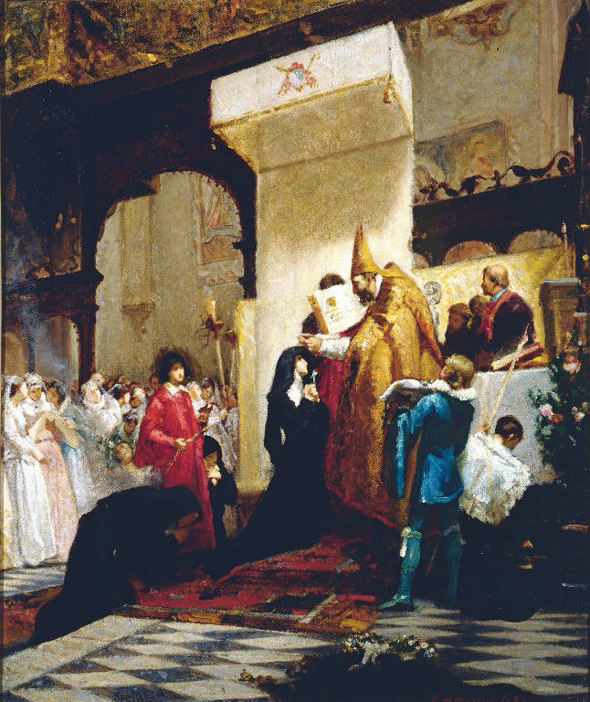Monacazione di Francesca di Chantal, Vestizione di Santa Francesca di Chantal (dipinto) di Loverini Ponziano (sec. XIX)