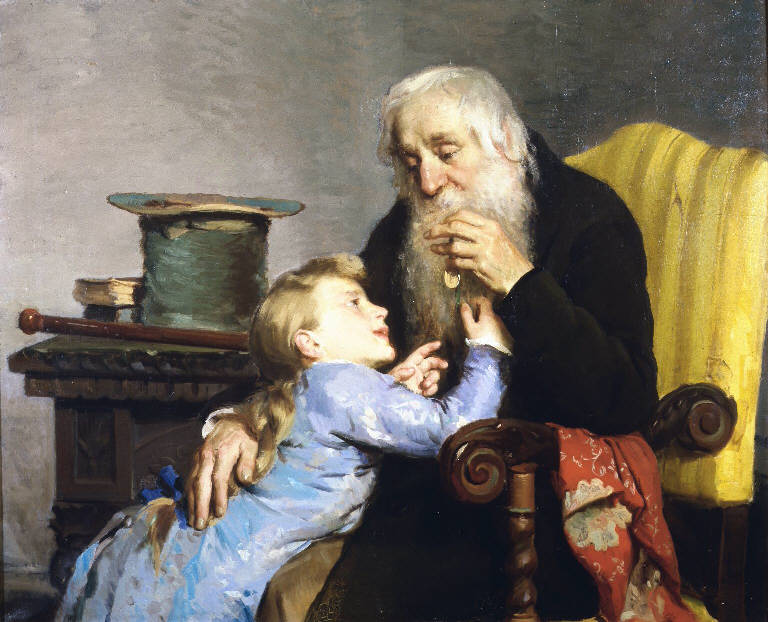 La memoria del nonno, Scena familiare (dipinto) di Pezzotta Giovanni (sec. XIX)