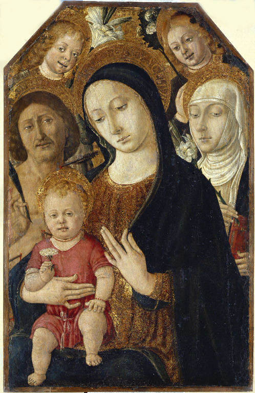 Madonna con Bambino e angeli tra San Sebastiano e Santa Caterina da Siena (dipinto) di Matteo di Giovanni (sec. XV)