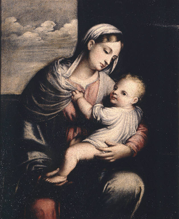 Madonna con Bambino (dipinto) di Bonvicino Alessandro detto Moretto (maniera) (sec. XVI)