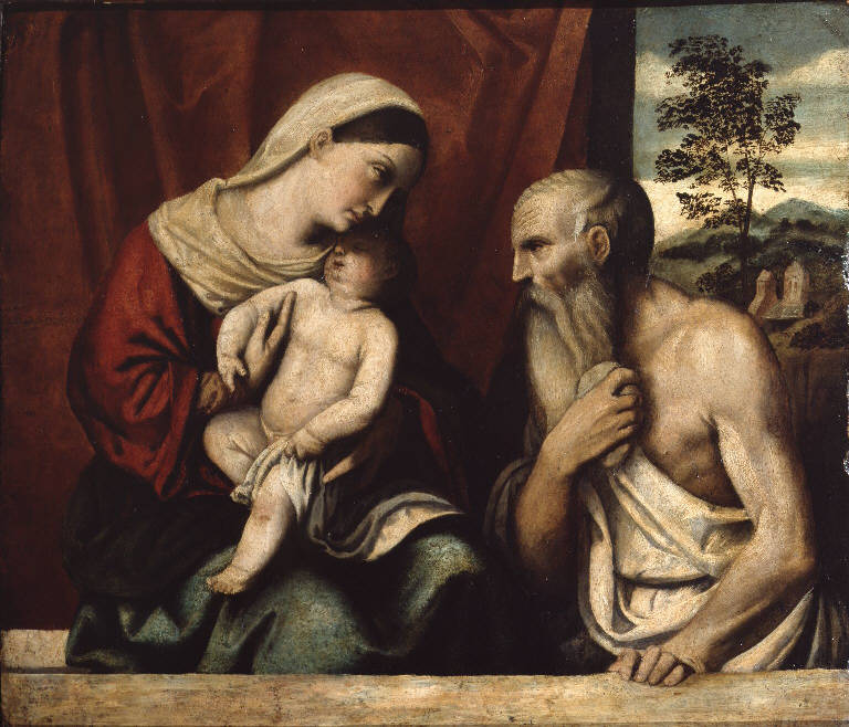 Madonna con Bambino e San Girolamo (dipinto) di Bonvicino Alessandro detto Moretto (bottega) (sec. XVI)