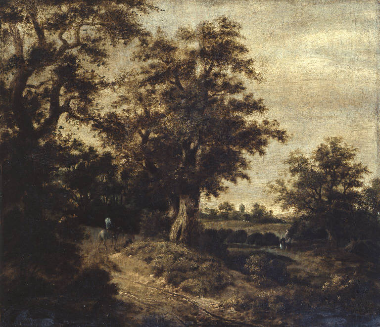 Paesaggio con alberi e cavaliere (dipinto) di Beresteyn Claes van (seconda metà sec. XVII)