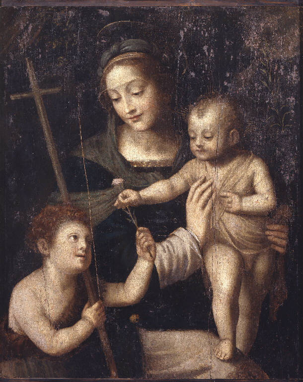 Madonna con Bambino e San Giovannino (dipinto) di Scappi Bernardino detto Bernardino Luini (maniera) (sec. XVI)