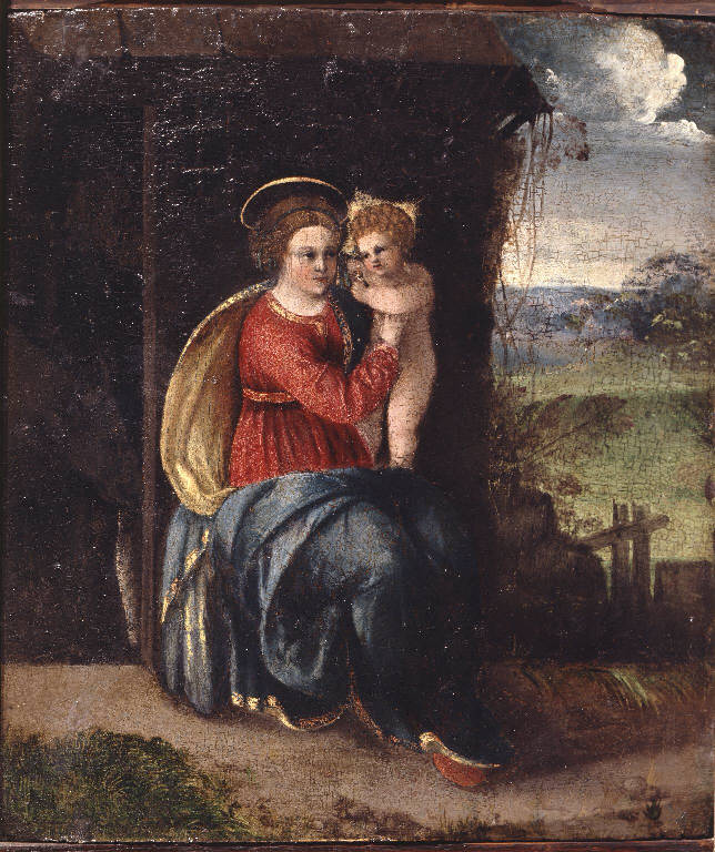 Madonna con Bambino in un paesaggio (dipinto) di Luteri Battista detto Battista Dossi (bottega) (secondo quarto sec. XVI)