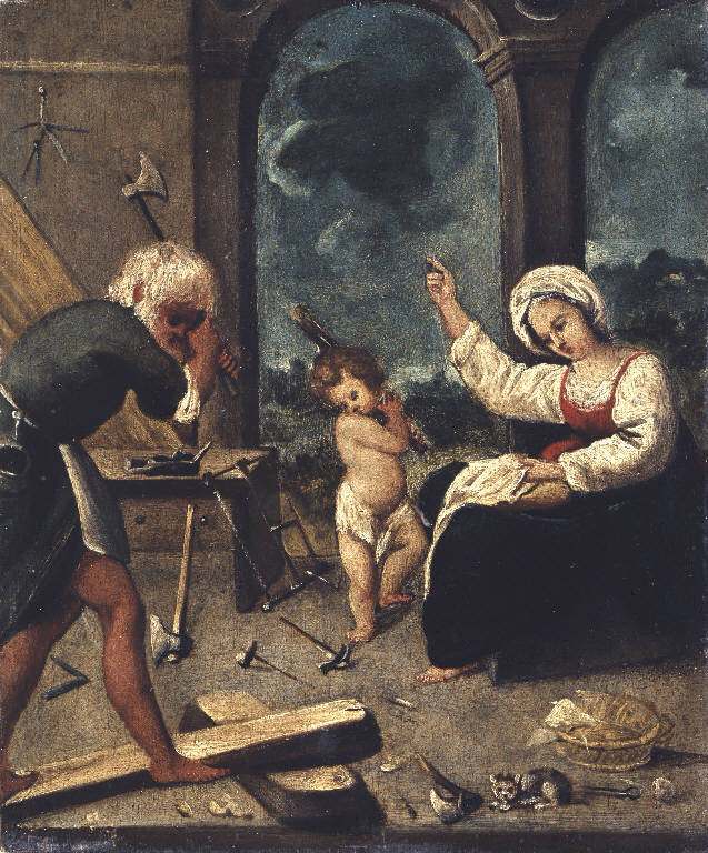 Gesù fanciullo nella bottega di San Giuseppe con la Madonna (dipinto) di Schedoni Bartolomeo (maniera) (sec. XVII)