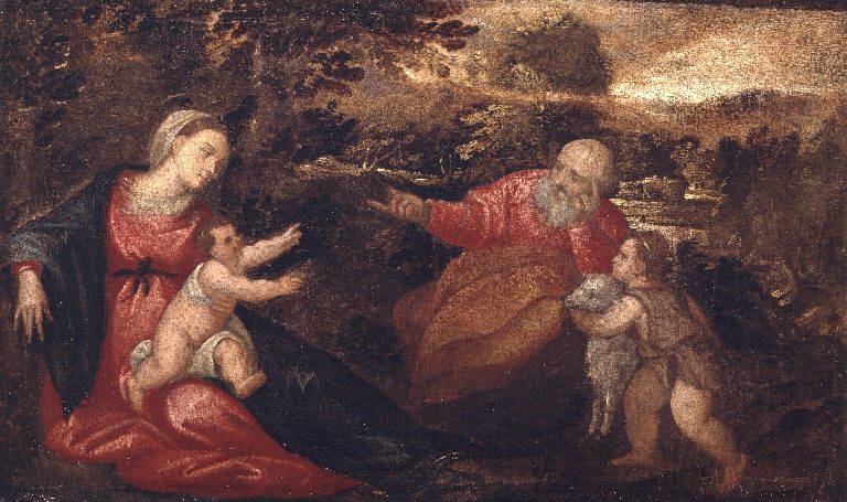 Sacra Famiglia con San Giovannino in un paesaggio (dipinto) - ambito veneziano (sec. XVI)