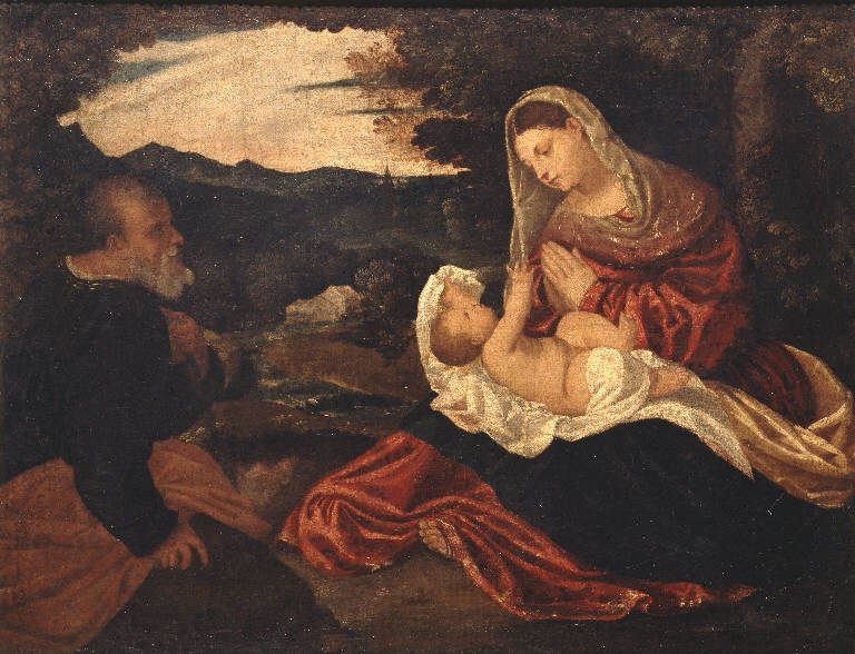 Sacra Famiglia in un paesaggio (dipinto) di Vecellio Francesco (sec. XVI)