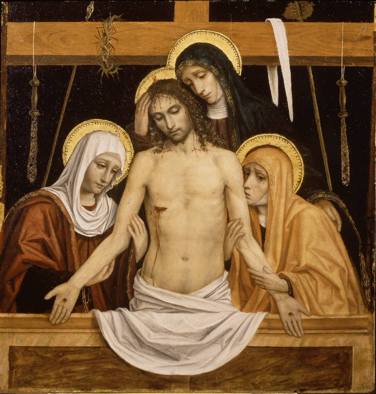 Pietà, Cristo in pietà sorretto dalle donne (dipinto) di Ambrogio da Fossano detto Bergognone (sec. XVI)