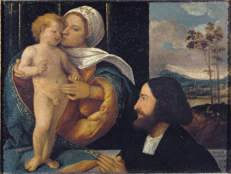 Madonna con Bambino e devoto (dipinto) di Busi Giovanni detto Cariani (sec. XVI)