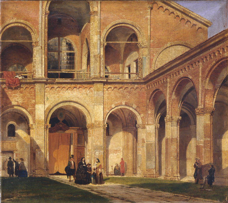 Veduta prospettica del quadriportico della chiesa di Sant'Ambrogio a Milano (dipinto) di Stella Guglielmo (sec. XIX)