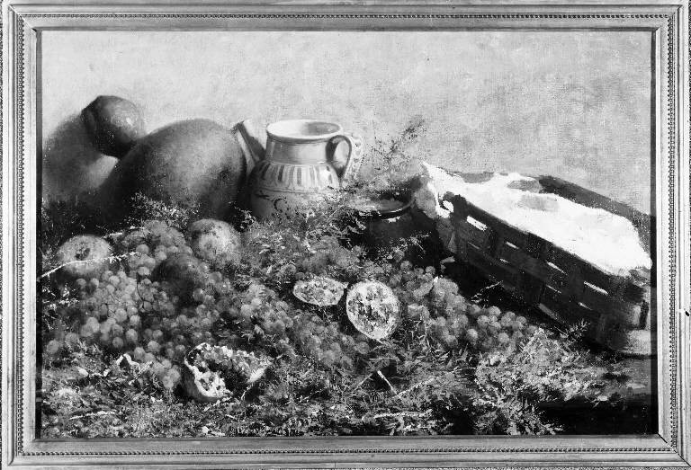 Natura morta con frutta, cesta e brocca (dipinto) di Pellegrini Romolo (sec. XIX)