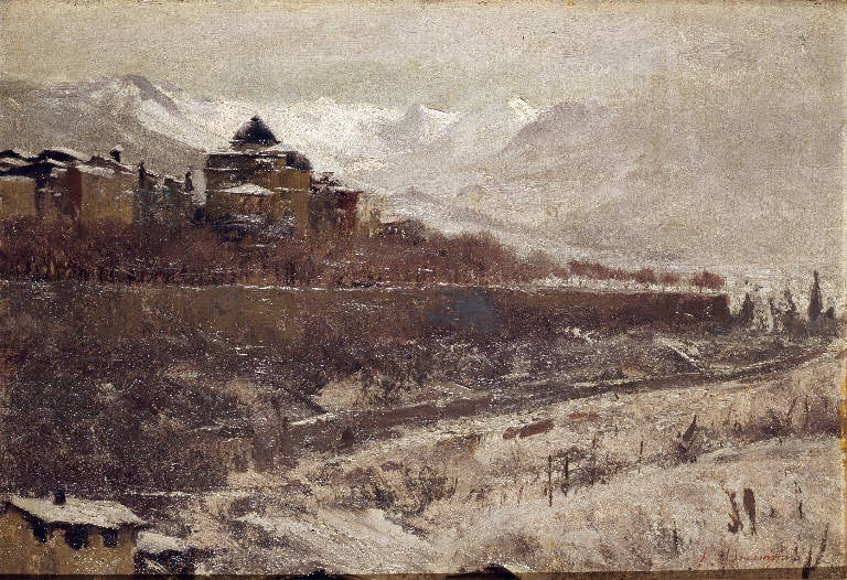 Veduta di Bergamo alta sotto la neve (dipinto) di Domenighini Francesco (sec. XX)