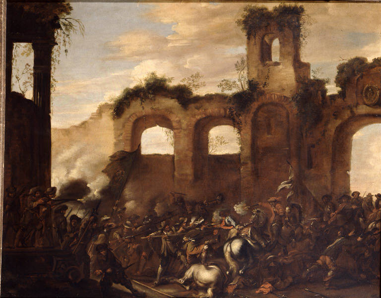 Battaglia con cavalieri davanti a rovine romane (dipinto) di Wael Cornelis de (sec. XVII)