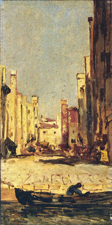 Veduta di strada a Chioggia con pescatore (dipinto) di Mancini Carlo (sec. XIX)