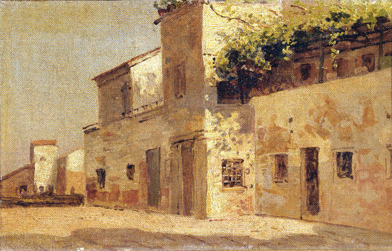 Veduta di strada di Chioggia con case al sole (dipinto) di Mancini Carlo (sec. XIX)