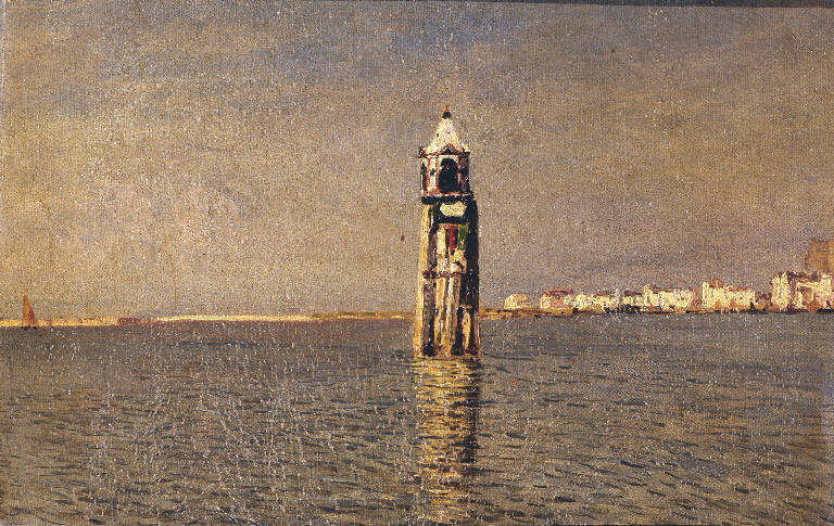 Veduta della laguna di Chioggia con il faro (dipinto) di Mancini Carlo (sec. XIX)