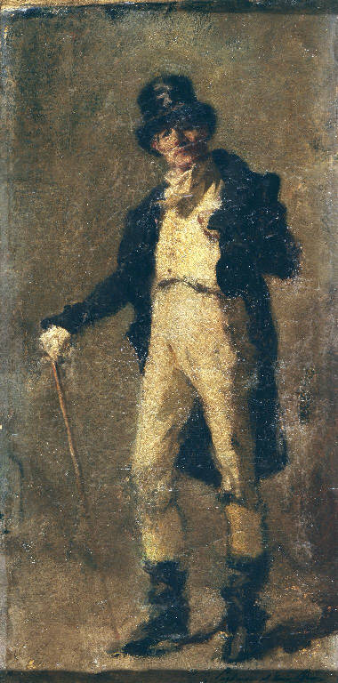 Promenade du soir, Gentiluomo con marsina e cilindro (dipinto) di Pagliano Eleuterio (sec. XIX)