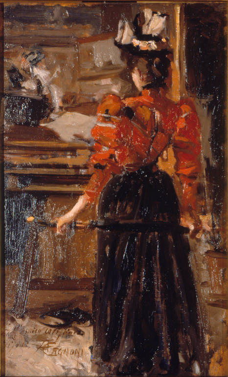 Studio del pittore con donna (?) (dipinto) di Cagnoni Amerino (sec. XIX)