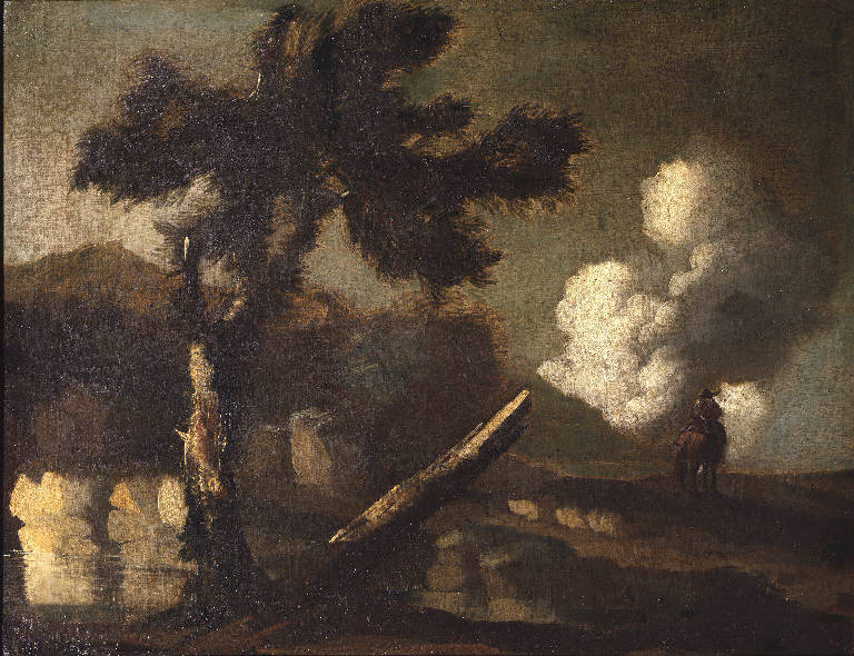Paesaggio con laghetto, albero e cavaliere (dipinto) - ambito genovese (sec. XVIII)