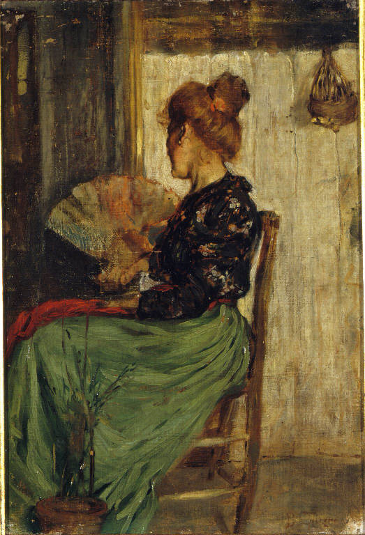 Donna con ventaglio (dipinto) di Favretto Giacomo (sec. XIX)