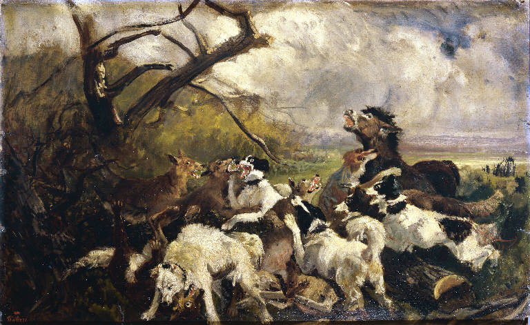 Zuffa tra cani e lupi in campagna (dipinto) di Palizzi Filippo (sec. XIX)