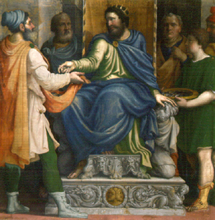 Filippo il Macedone restituisce il denaro a Macheta (dipinto, opera isolata) di Campi Giulio, Campi Antonio (secondo quarto sec. XVI)