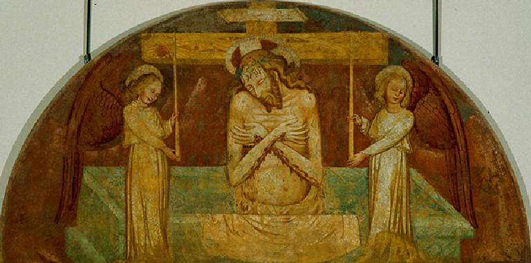 Cristo con i segni della passione e due angeli (dipinto, opera isolata) - scuola lombarda (prima metà sec. XV)