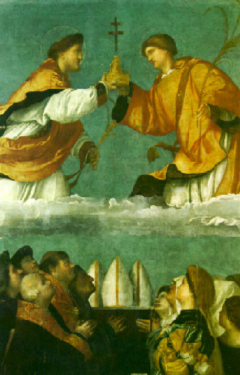 Esaltazione della reliquia della Santa Croce con San Faustino e San Giovita (dipinto, opera isolata) di Bonvicino Alessandro detto Moretto (primo quarto sec. XVI)