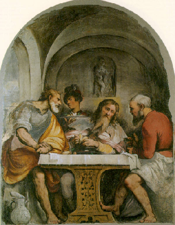 Cena in Emmaus con giovane servitore (dipinto, opera isolata) di Girolamo di Romano detto Romanino (secondo quarto sec. XVI)