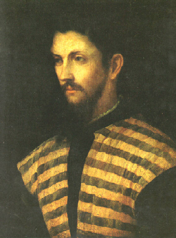 Ritratto di giovane uomo con giubbetto striato (dipinto, opera isolata) di Girolamo di Romano detto Romanino (inizio sec. XVI)